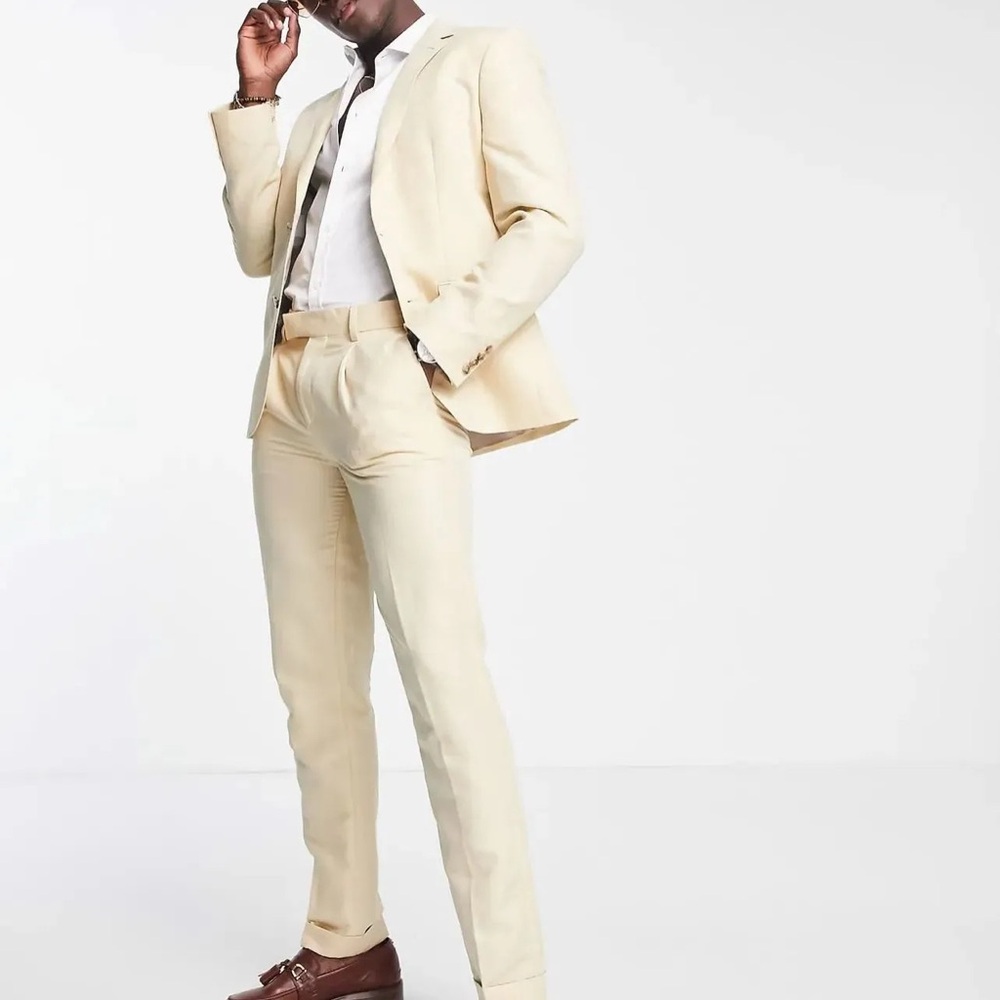 Noak men's slim suit pants in stone linen mix with anti-wrinkle finish